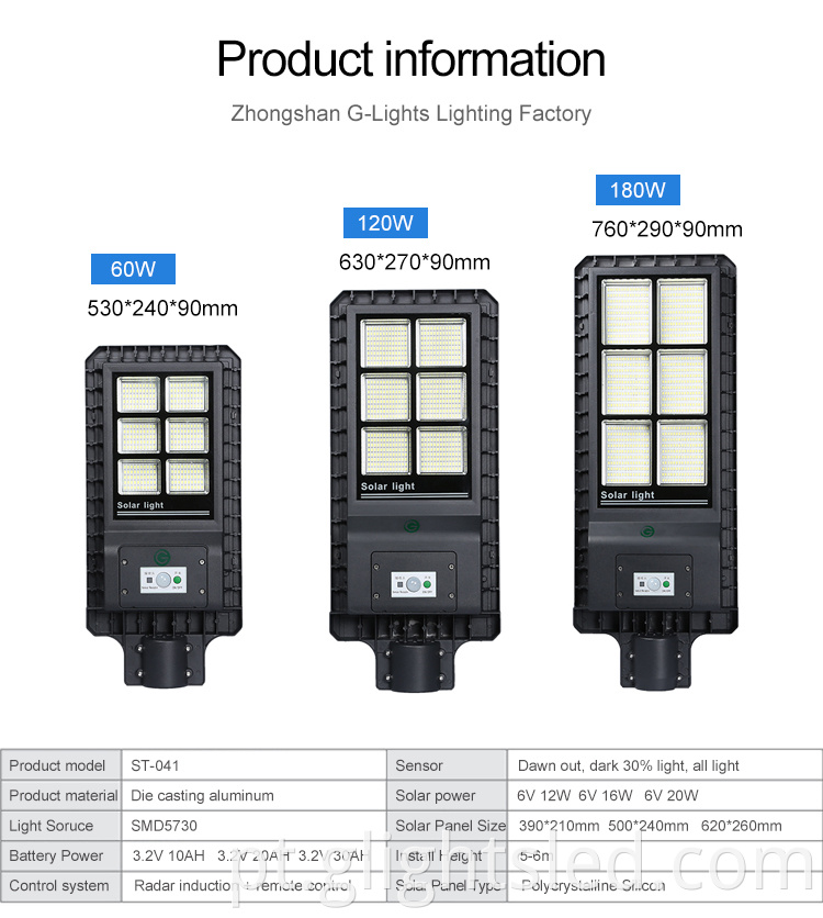 Novos produtos sensor de movimento 60 120 180 watt SMD integrado tudo em um poste de luz solar LED